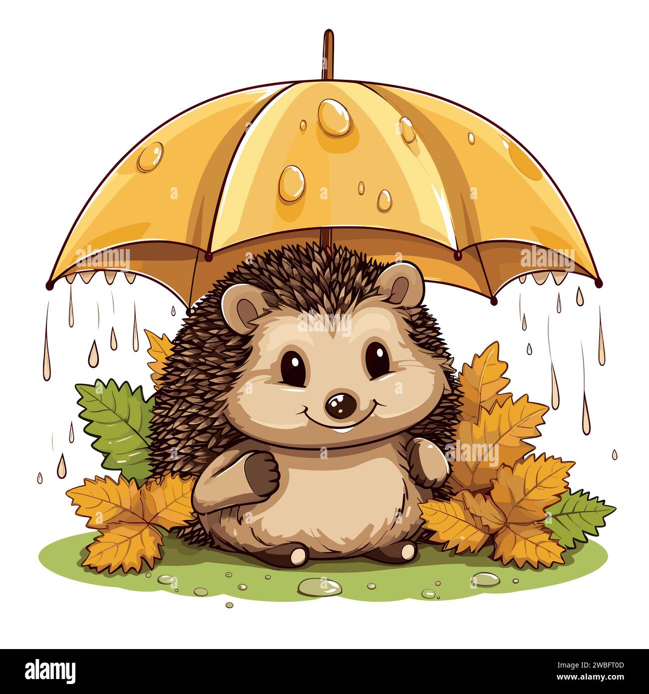 Riccio nelle giornate piovose con un ombrello su sfondo bianco Illustrazione Vettoriale