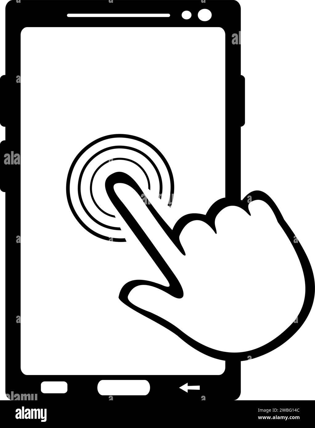 icona di disegno vettoriale touch screen con le dita e un telefono cellulare o un dispositivo smartphone, disegnato in bianco e nero Illustrazione Vettoriale