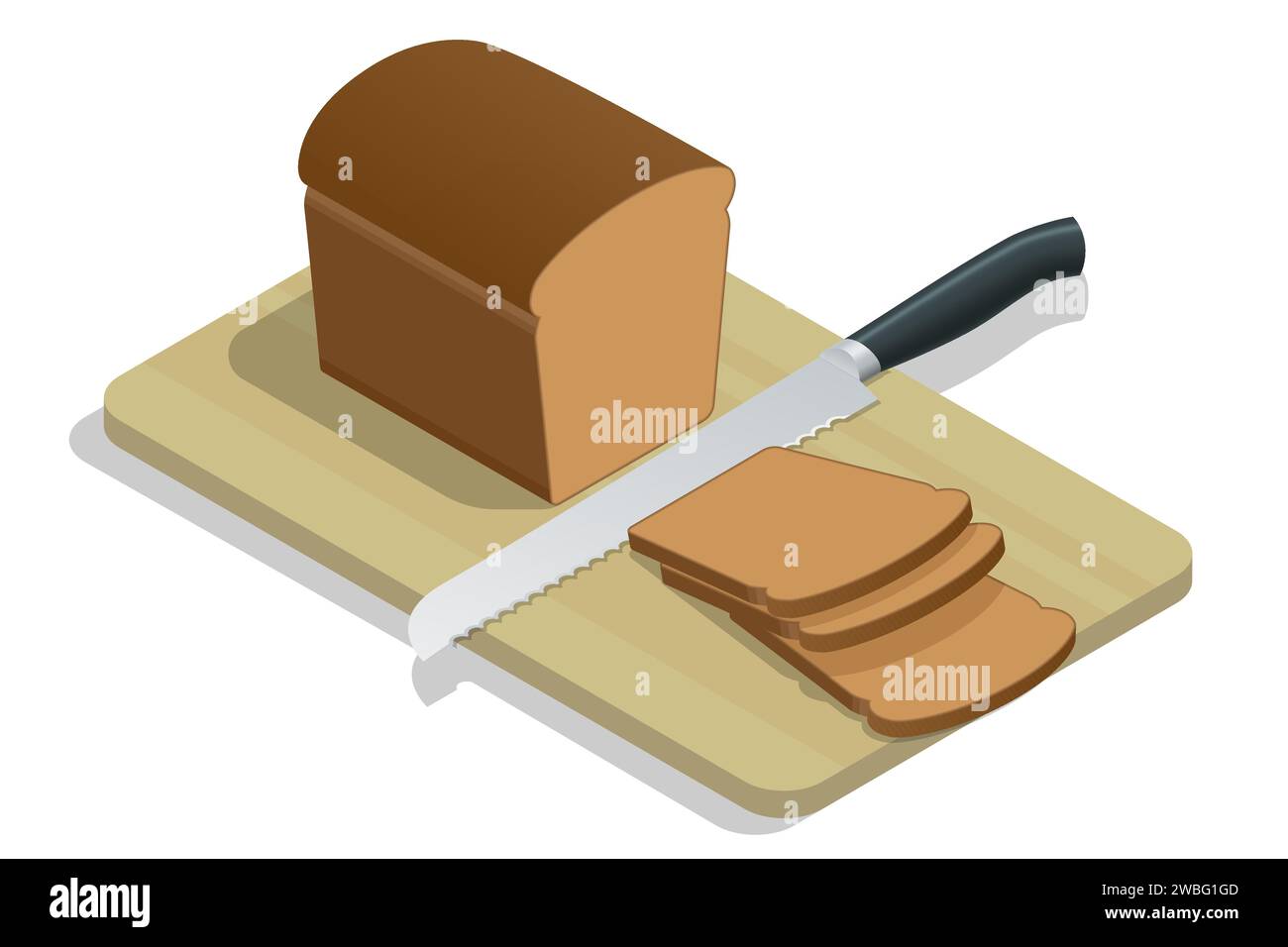 Pane fresco isometrico sul tavolo della cucina. Pane integrale. Pane fresco croccante tagliato a pezzi e un coltello. Illustrazione Vettoriale