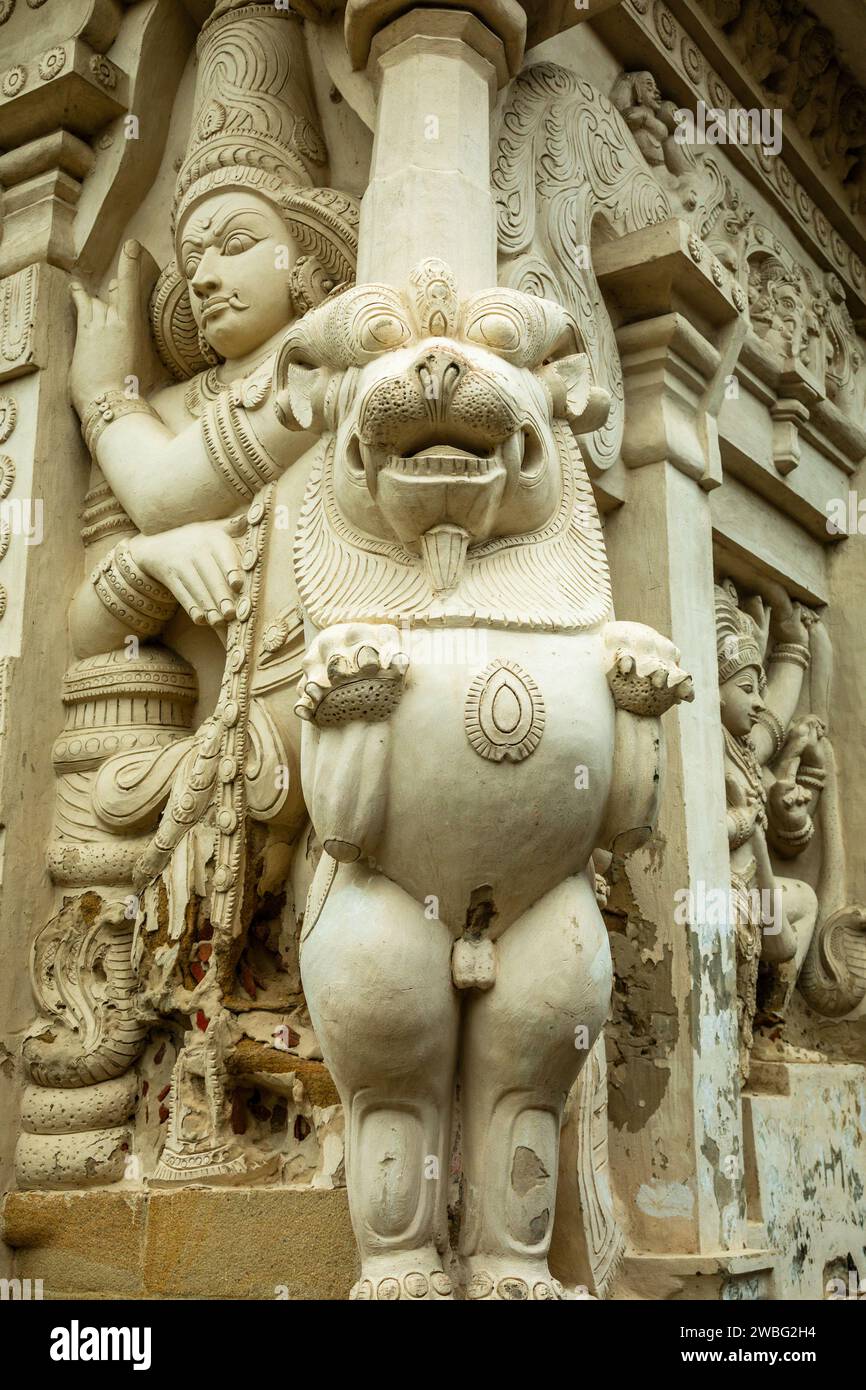 Tempio di Kailasanathar, antiche statue di idolo, Kanchipuram, regione di Tondaimandalam, Tamil Nadu, India meridionale Foto Stock