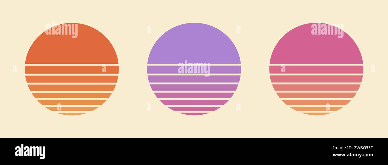Collezione retro Sunset. Tramonto Vector 80s vintage Illustrazione Vettoriale