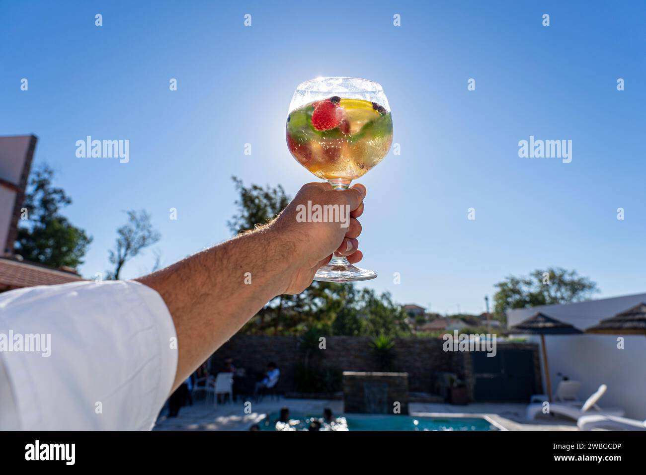 elevazione del vetro verso il sole con sangria bianca con frutta a forma di tchin tchin.lisbon-estreadura-portugal.1-1-2024 Foto Stock