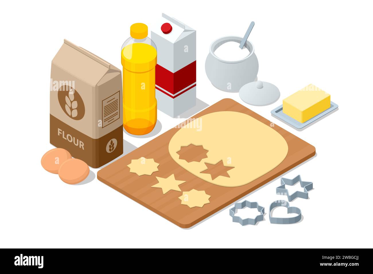 Torte isometriche, muffin, crostate, ingredienti da forno, farina, uova, latte e zucchero. Biscotti e prodotti da forno fatti in casa Illustrazione Vettoriale