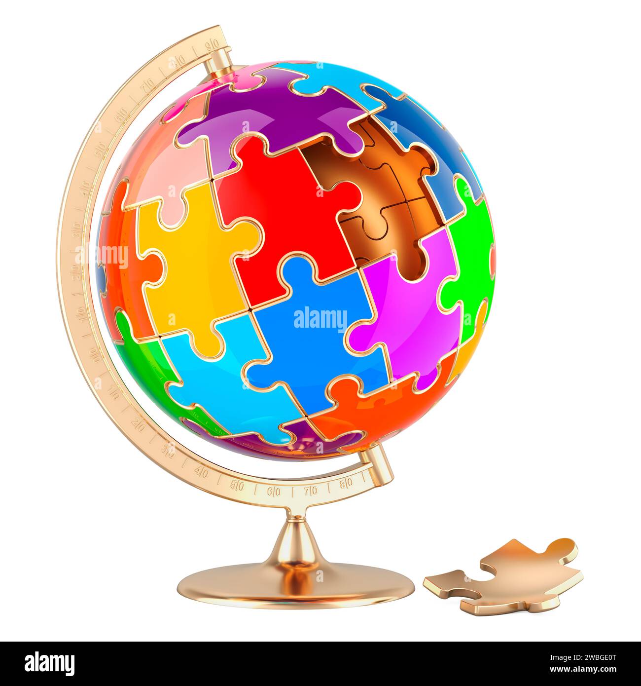 World Globe da puzzle multicolori, rendering 3D isolato su sfondo bianco Foto Stock