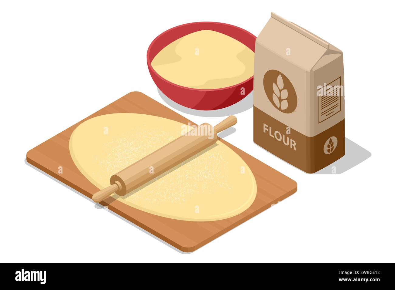 Sacchetto di carta isometrico con farina e impasto arrotolati con un matterello sul tavolo. Farina biologica. Alimentazione sana e cibo dietetico. La farina contiene Illustrazione Vettoriale