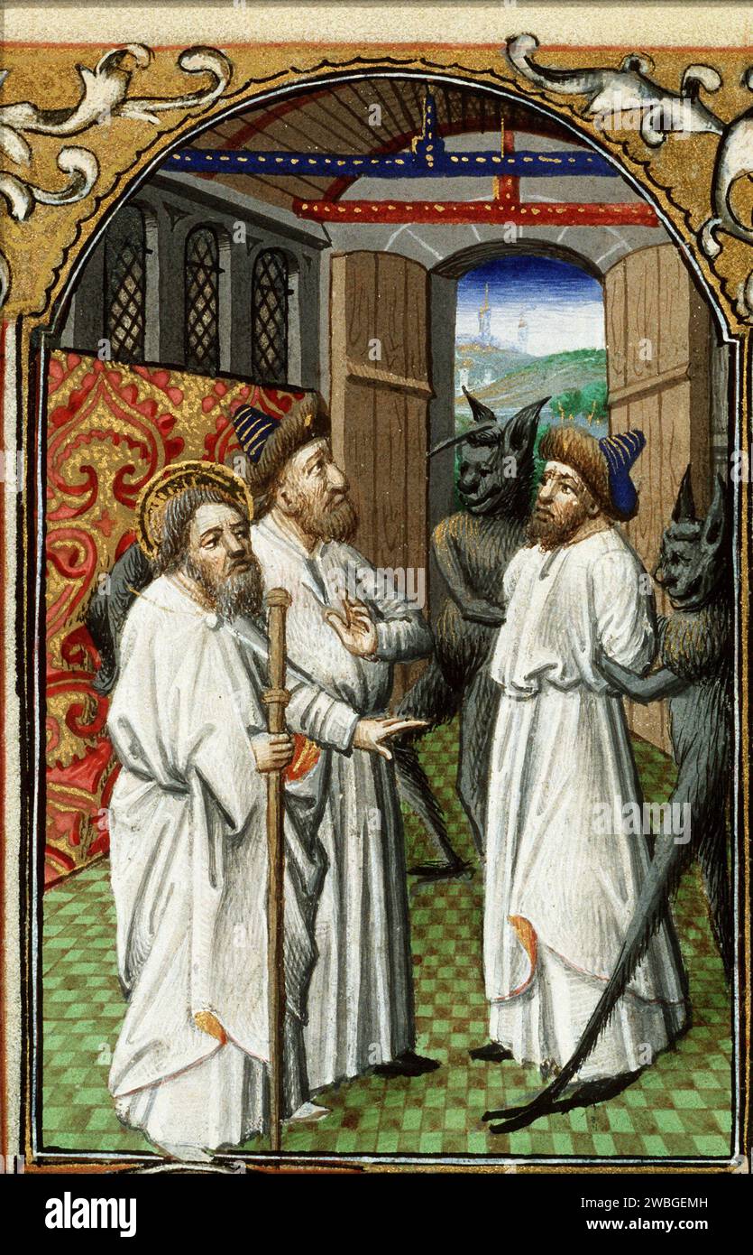Squisite pagine illuminate del Libro delle ore di Simon de Varie del 1455, che era un ricco funzionario di corte. Ogni pagina è dipinta a mano, spesso da artisti famosi. Questi libri erano estremamente costosi ed erano beni preziosi dei più ricchi. Questa pagina mostra la conversione di Hermogenes bt St James the Great. Questo è stato dipinto dal Maestro di Jean Rolin II Foto Stock
