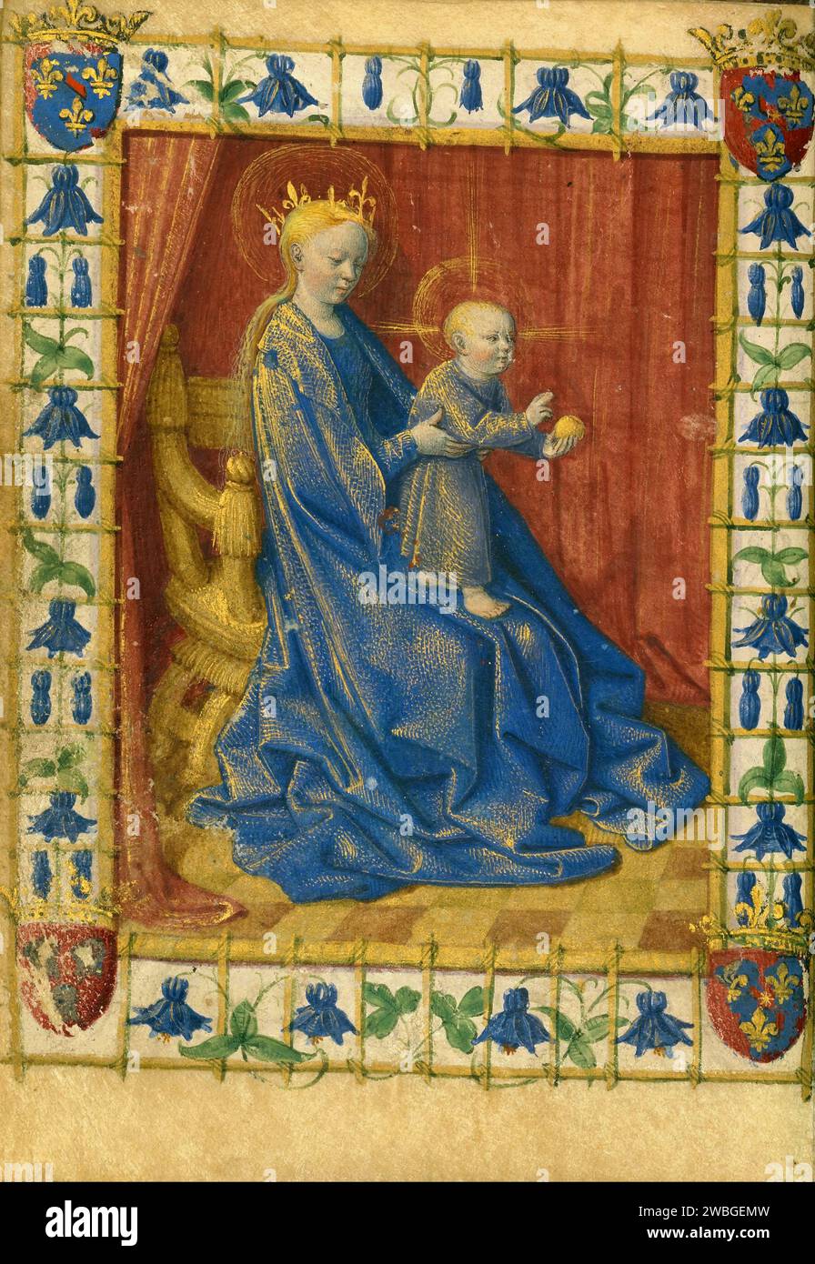 Squisite pagine illuminate del Libro delle ore di Simon de Varie del 1455, che era un ricco funzionario di corte. Ogni pagina è dipinta a mano, spesso da artisti famosi. Questi libri erano estremamente costosi ed erano beni preziosi dei più ricchi. Questa pagina mostra la Madonna con gesù bambino dipinto da jean Fouquet. Foto Stock