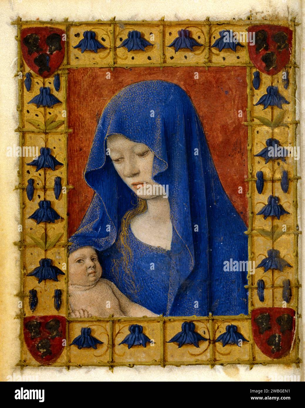 Squisite pagine illuminate del Libro delle ore di Simon de Varie del 1455, che era un ricco funzionario di corte. Ogni pagina è dipinta a mano, spesso da artisti famosi. Questi libri erano estremamente costosi ed erano beni preziosi dei più ricchi. Questa pagina mostra la Madonna con gesù bambino dipinto da jean Fouquet. Foto Stock