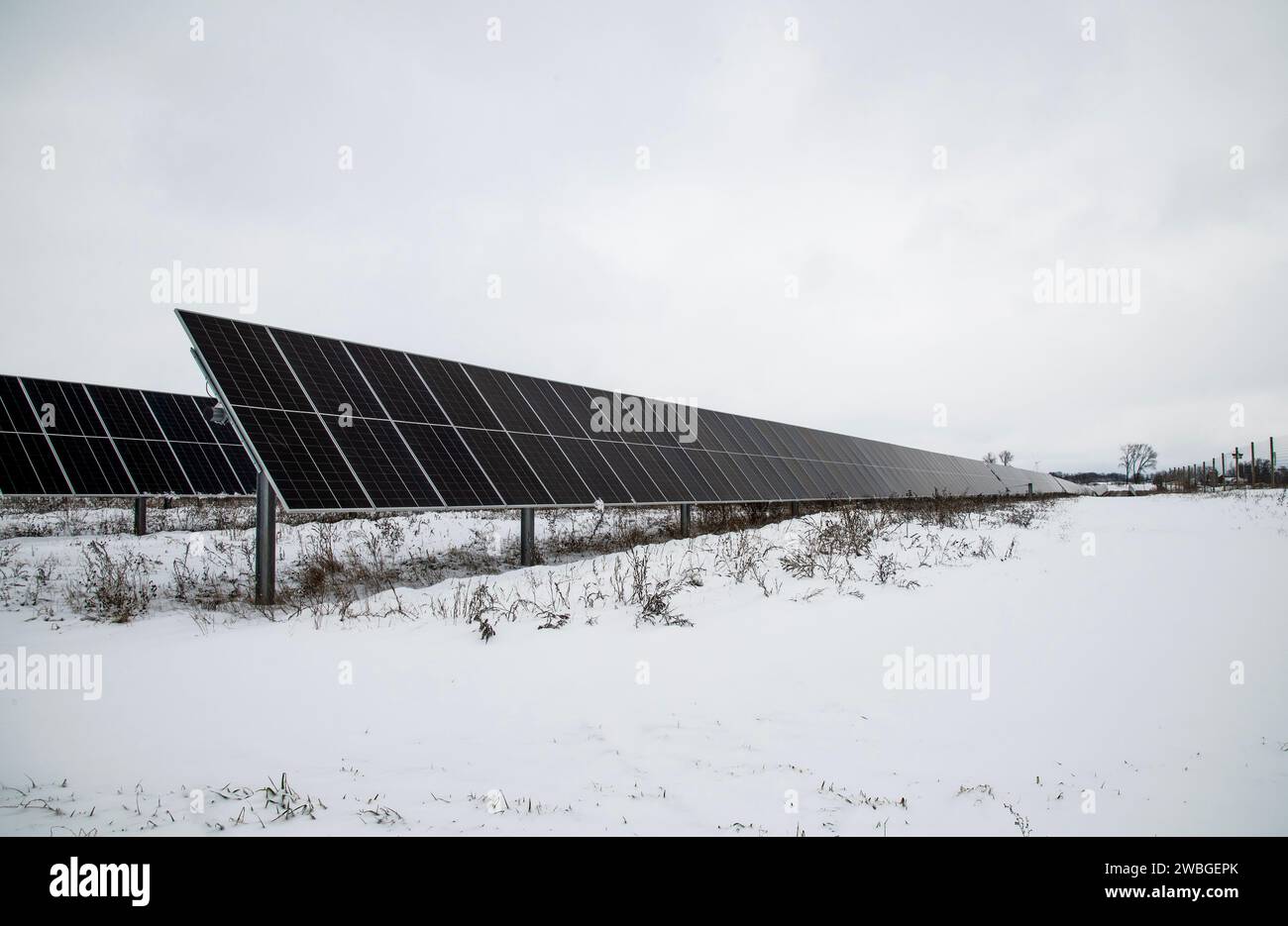 La neve circonda file di pannelli solari. Un nuovo progetto energetico negli Stati Uniti. Una volta campi agricoli. Ora una fonte di energia rinnovabile. Foto Stock