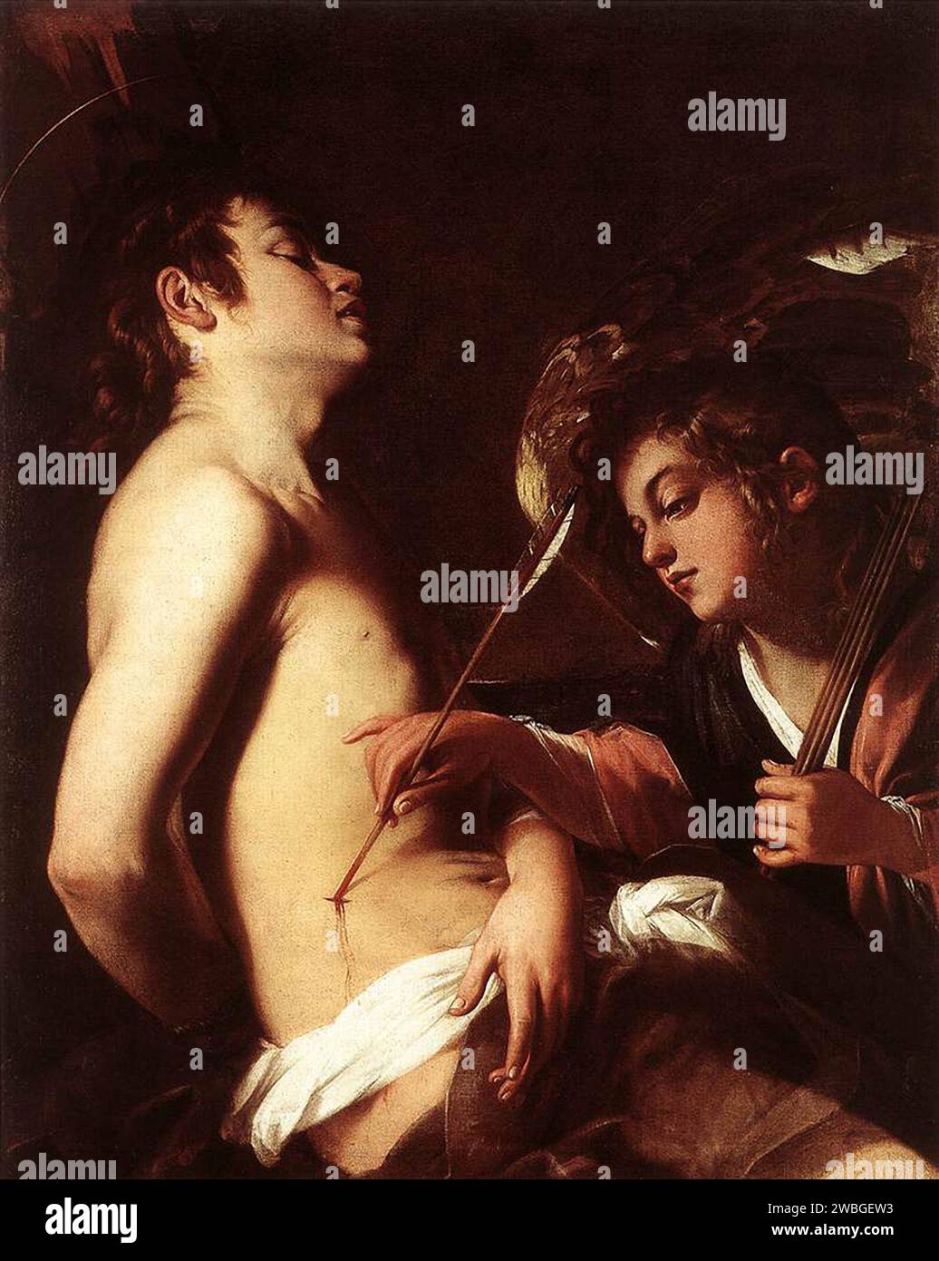 San Sebastiano guarito da un Angelo dipinto da Giovanni Baglione. Sebastiano era un membro della Guardia Pretoriana romana che si convertì al cristianesimo. Gli hanno sparato con le frecce, ma non è morto per queste ferite. Fu curato da Irene (poi Santa Irene). Dopo la sua guarigione andò a parlare con l'imperatore Diocleziano della sua fede e fu picchiato a morte. Foto Stock