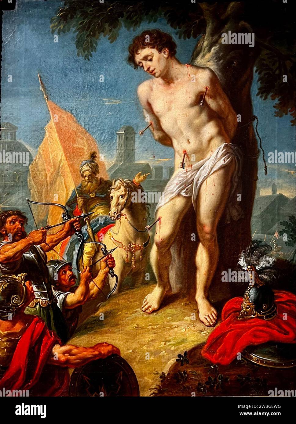 Il martirio di San Sebastiano dipinto da Johann Nepomuk della Croce nel 1794. Sebastiano era un membro della Guardia Pretoriana romana che si convertì al cristianesimo. Gli hanno sparato con le frecce, ma non è morto per queste ferite. Fu curato da Irene (poi Santa Irene). Dopo la sua guarigione andò a parlare con l'imperatore Diocleziano della sua fede e fu picchiato a morte. Foto Stock