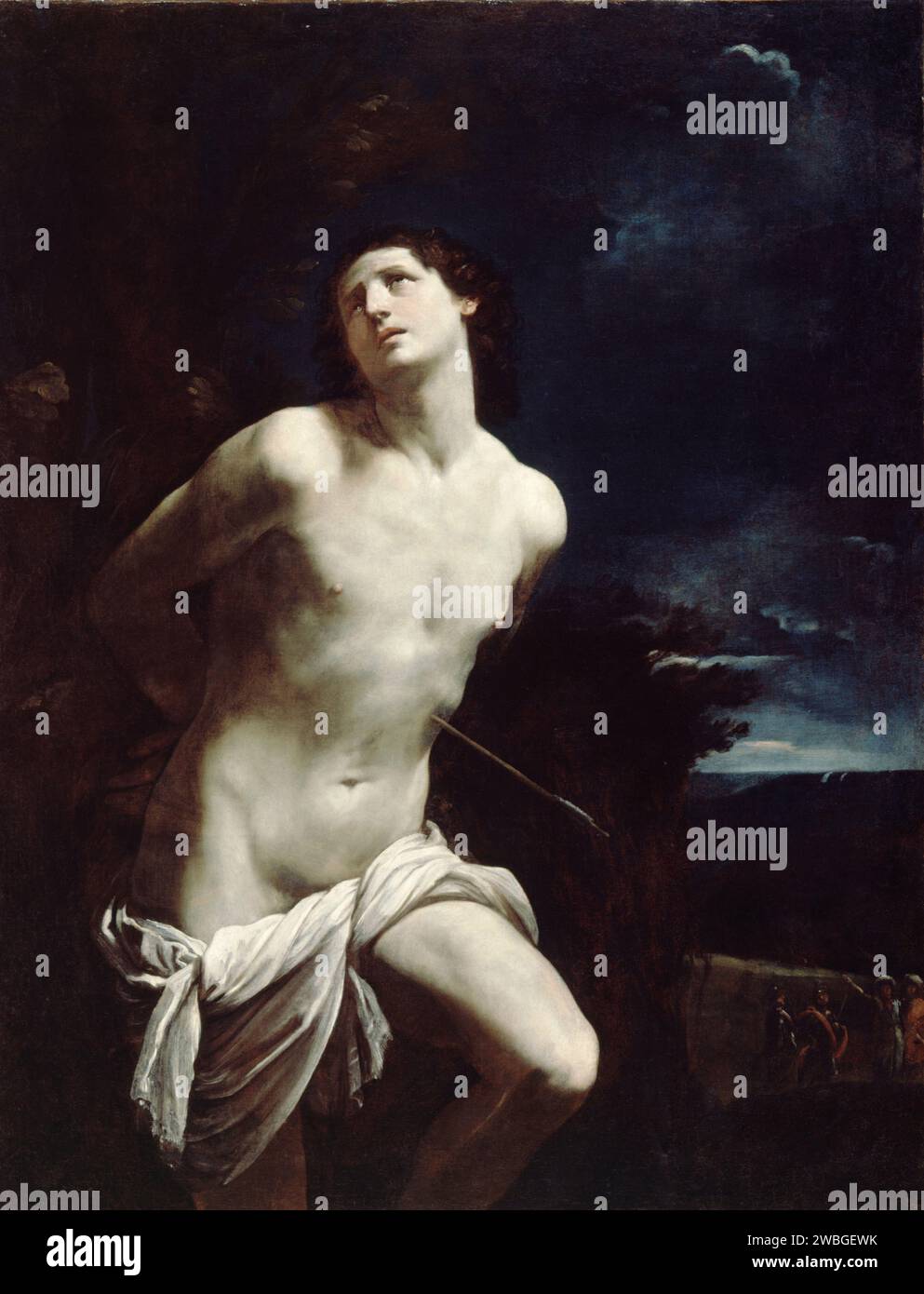 Il Martirio di San Sebastiano dipinto da Guido reni nel 1620. Sebastiano era un membro della Guardia Pretoriana romana che si convertì al cristianesimo. Gli hanno sparato con le frecce, ma non è morto per queste ferite. Fu curato da Irene (poi Santa Irene). Dopo la sua guarigione andò a parlare con l'imperatore Diocleziano della sua fede e fu picchiato a morte. Foto Stock