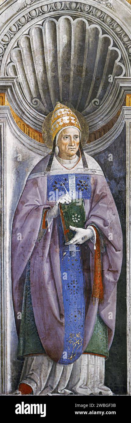 Murale del XV secolo raffigurante San Anterus di Pietro Perugino dalla Cappella Sistina. Papa Antero fu pontefice dall'AD235-AD236, morì dopo soli 43 giorni di mandato. Era il diciannovesimo papa. Foto Stock