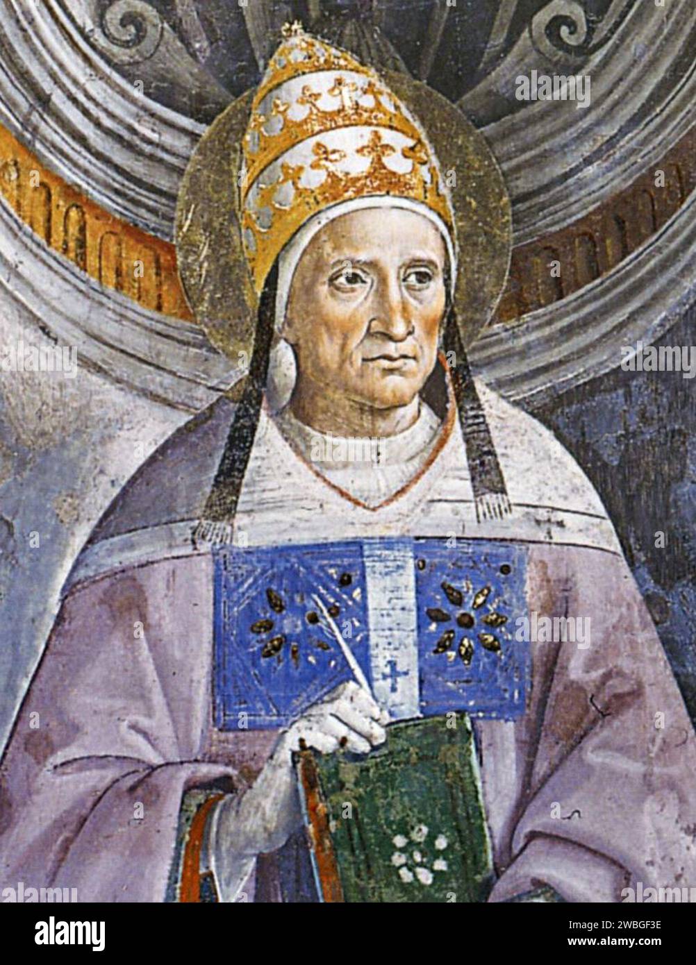 Murale del XV secolo raffigurante San Anterus di Pietro Perugino dalla Cappella Sistina. Papa Antero fu pontefice dall'AD235-AD236, morì dopo soli 43 giorni di mandato. Era il diciannovesimo papa. Foto Stock