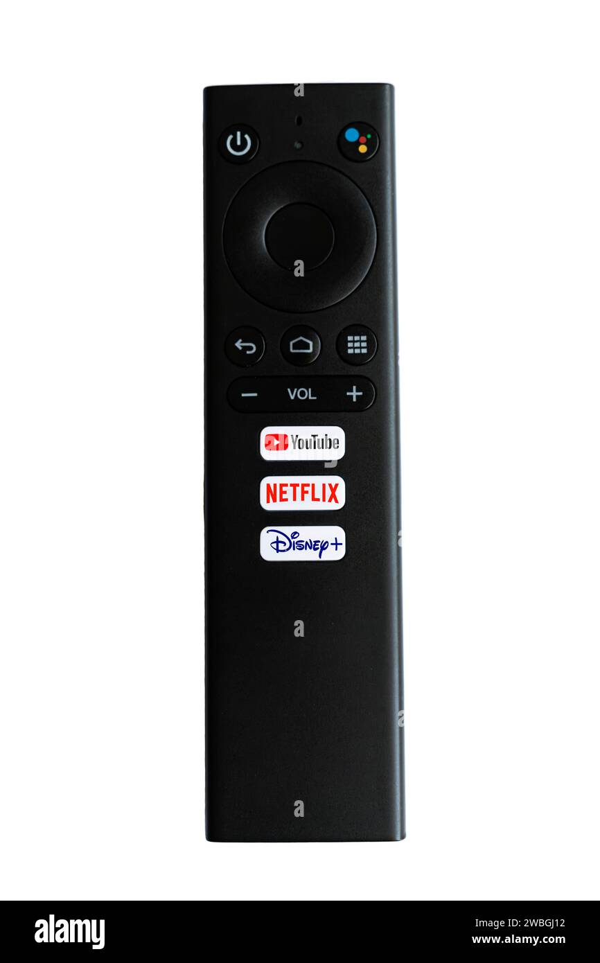 Telecomando Smart TV per servizi di streaming. Dispone di tre pulsanti con accesso diretto a Disney Plus, YouTube, Netflix e di un pulsante dedicato Foto Stock