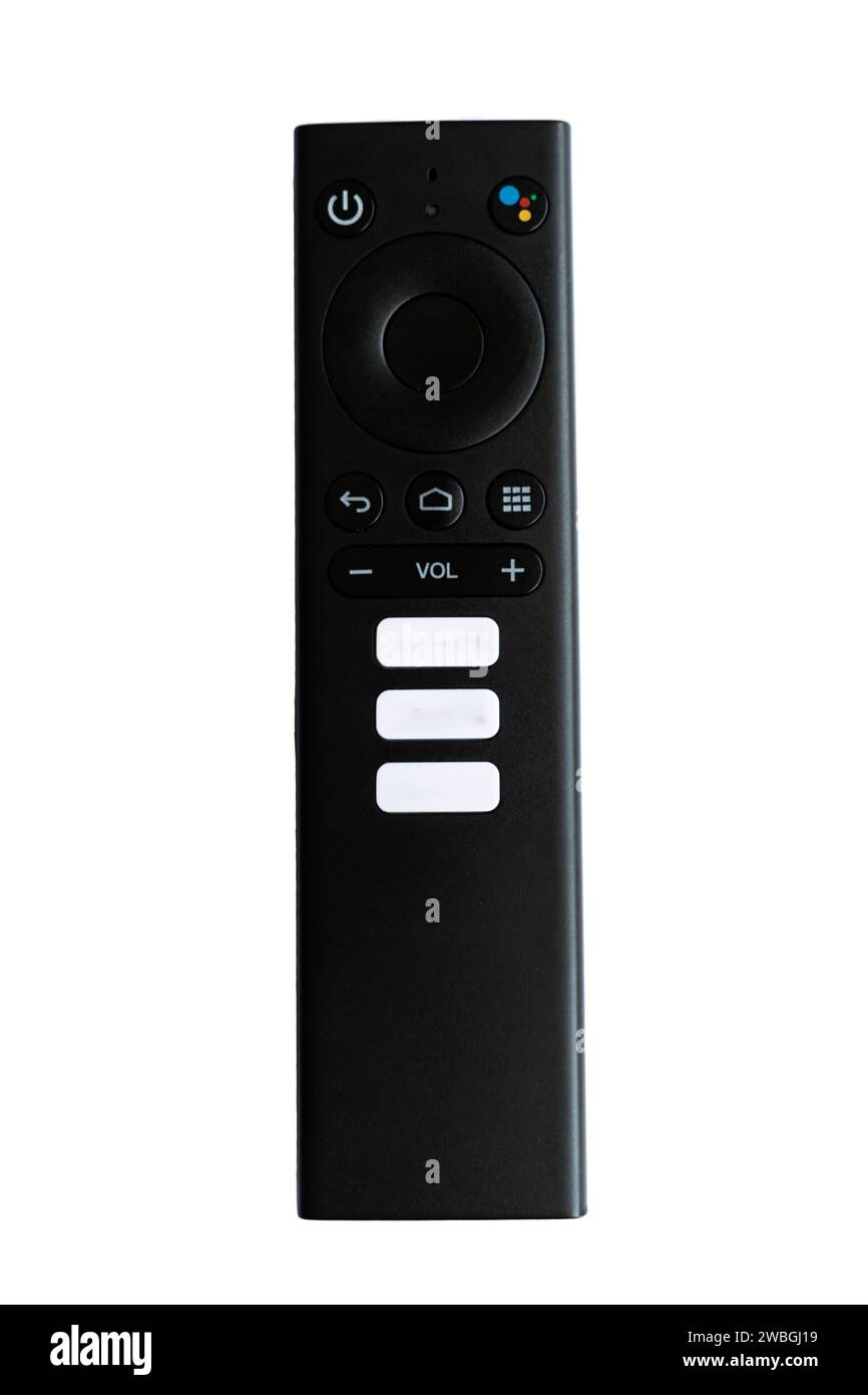 Telecomando Smart TV con pulsanti dedicati per le applicazioni di streaming. dispone di un pulsante dedicato per l'assistente google. Sfondo bianco Foto Stock