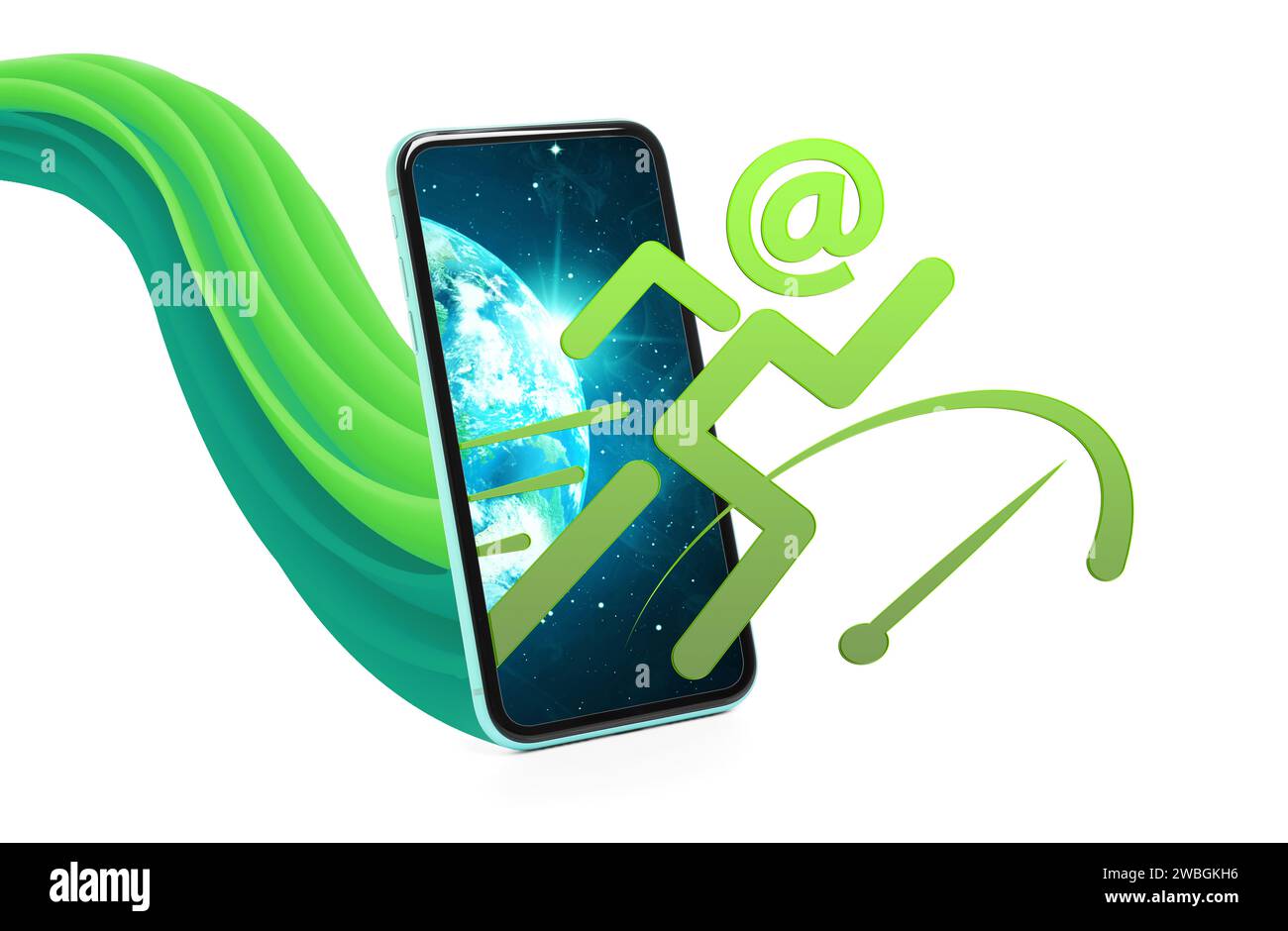 Connessione Internet veloce. Figura umana con la testa del simbolo dell'indirizzo e-mail che si sta esaurendo sullo smartphone su sfondo bianco Foto Stock