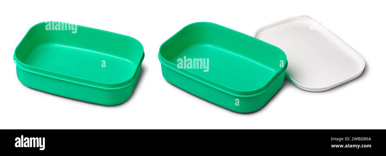 portavivande in plastica aperte, contenitore vuoto per alimenti dal design e dalla forma semplici, leggero e facile da trasportare, modello mockup isolato su b bianco Foto Stock