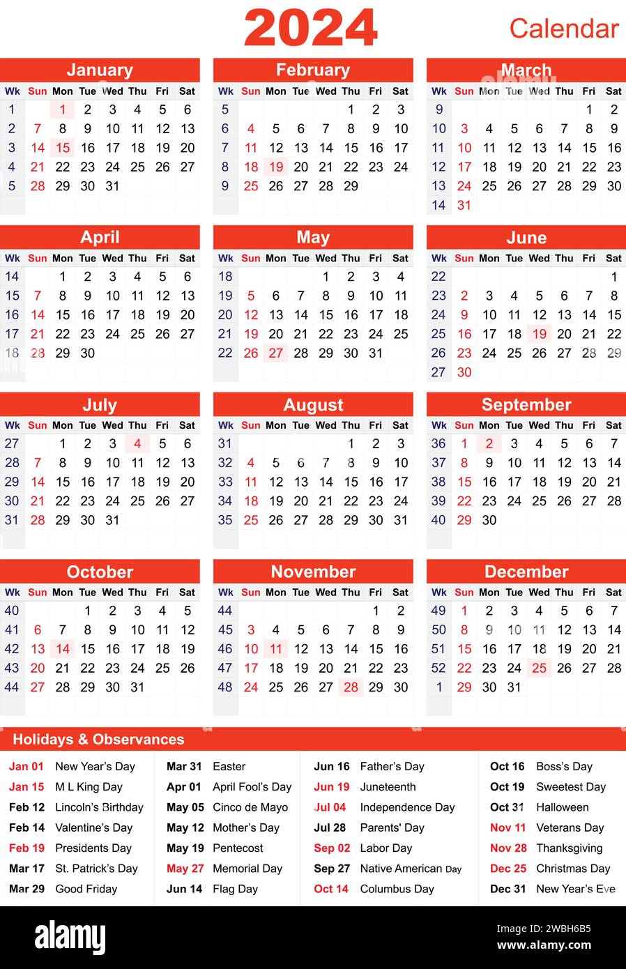 Modello di calendario trimestrale per l'anno 2024. Griglia calendario da parete in stile minimalista. La settimana inizia lunedì. Illustrazione Vettoriale