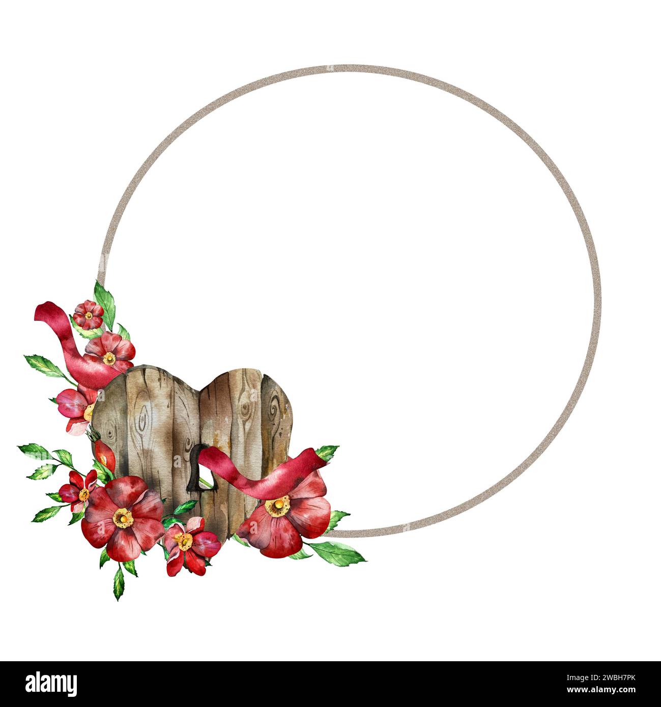 La cornice rotonda ad acquerello è un cuore di legno stilizzato con un buco per la serratura, un nastro rosso e fiori, foglie di rosa. Può essere usato per progettare San Valentino Foto Stock