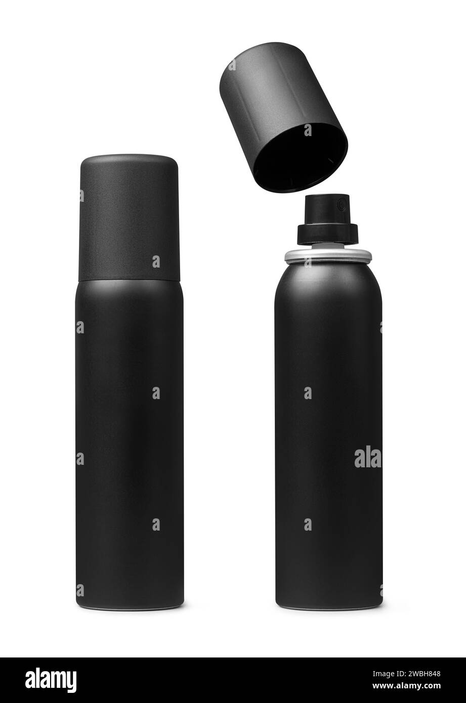 flacone bianco in metallo nero con spruzzatore, profumo, deodorante o cosmetico modello di modellino isolato su sfondo bianco, contenitore per lacca Foto Stock