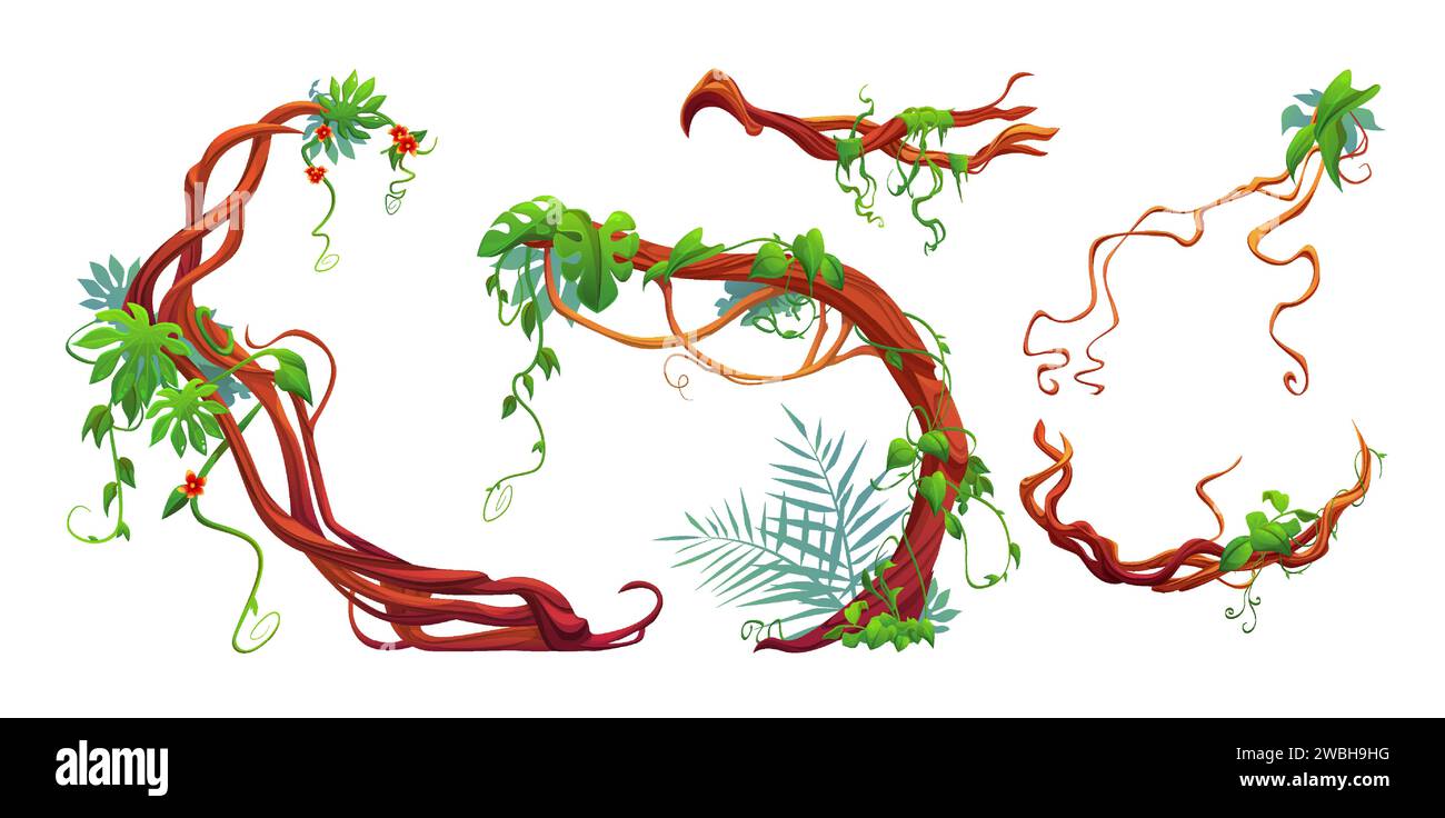 Ramo di liana contorto con foglie e fiori verdi. Illustrazione vettoriale dei cartoni animati di piante da arrampicata grovigliate della giungla con fogliame. Risorse di progettazione dell'interfaccia utente del gioco del tronco di edera con vegetazione Illustrazione Vettoriale