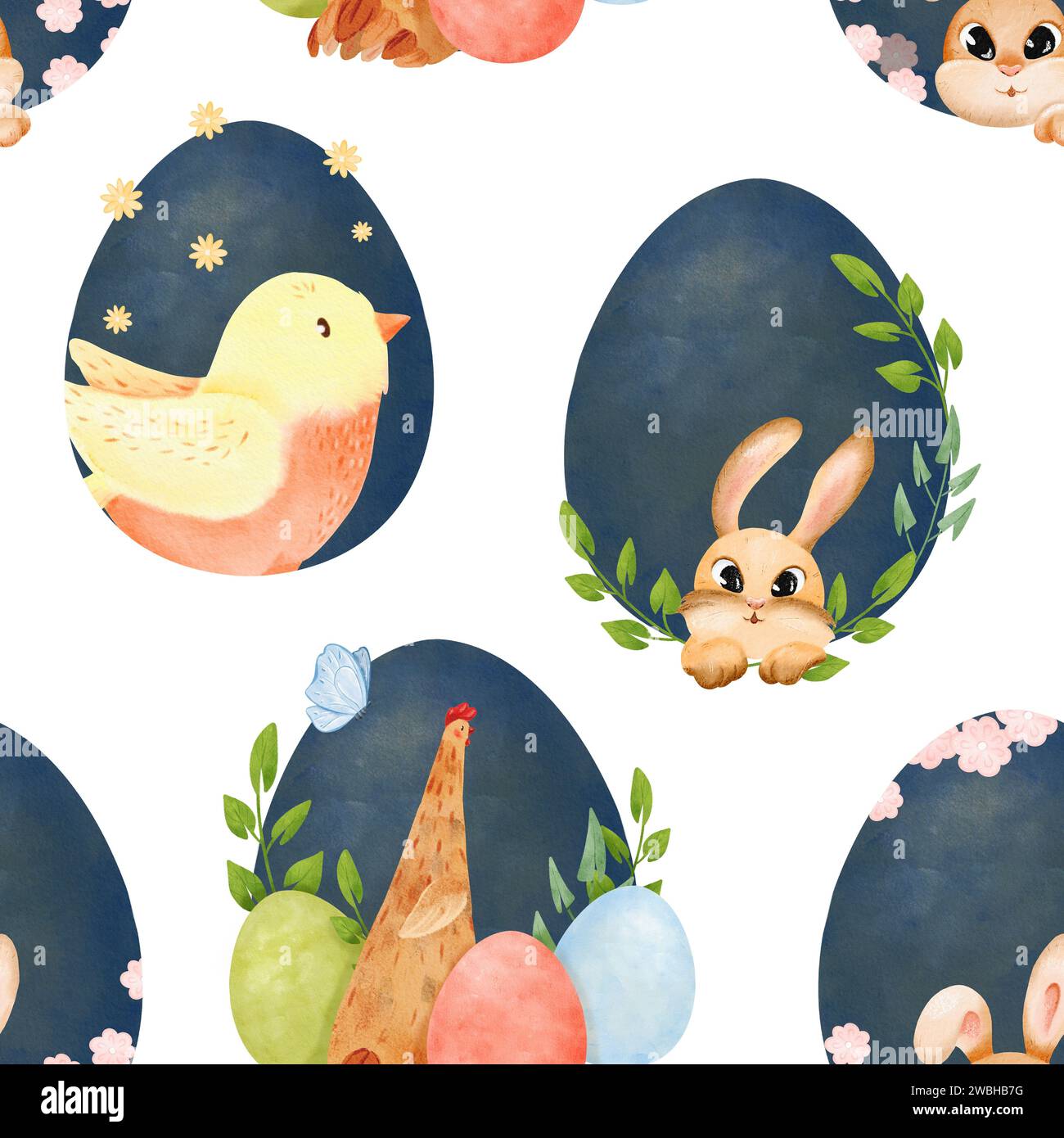 Ripetizione senza cuciture. Composizioni pasquali con uova colorate, uccelli primaverili, pulcini e coniglietti. Perfetto per le feste, l'essenza della Pasqua, per Foto Stock