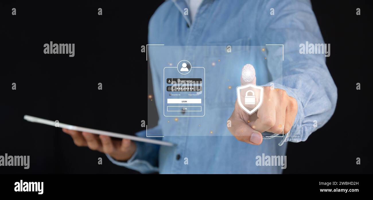 Sistema di autenticazione utente con concetto di cibersicurezza con nome utente e password la tecnologia di sicurezza protegge le informazioni personali. Foto Stock
