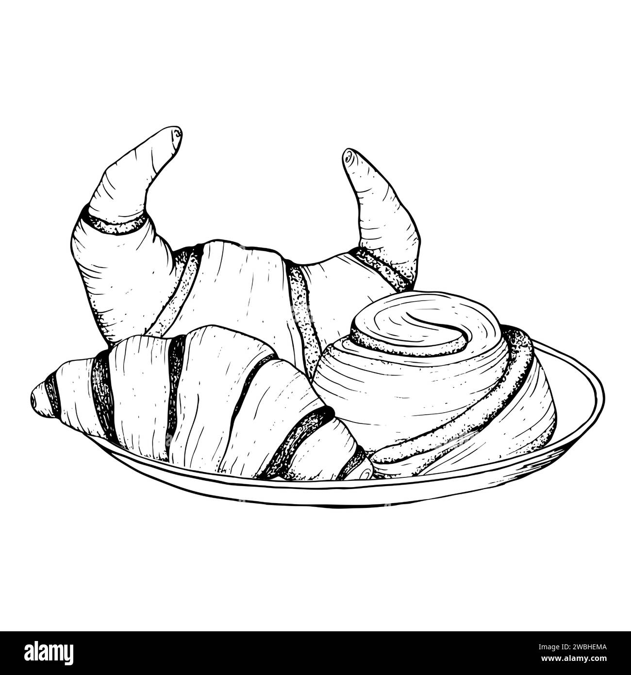 Piatto di pasticceria con croissant francesi al cioccolato e panino alla cannella arrotolato illustrazione in bianco e nero Illustrazione Vettoriale