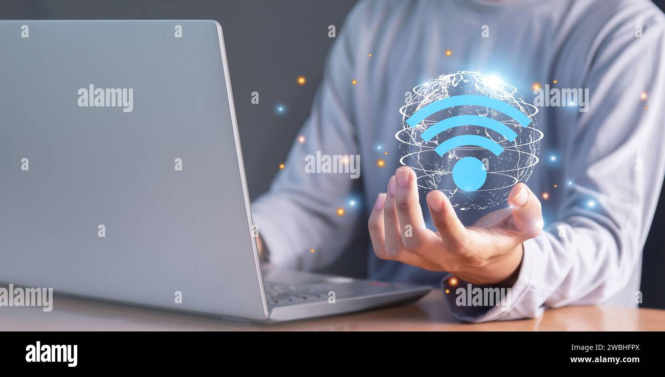 Icona wi-fi portatile uomo, concetto di social network, comunicazione aziendale. Foto Stock