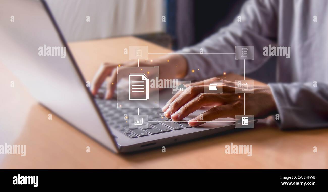 Gestione dei documenti organizzazione delle informazioni di organizzazione visualizzazione dei documenti gestione dei record efficiente software di informazioni sui file di documenti online Foto Stock