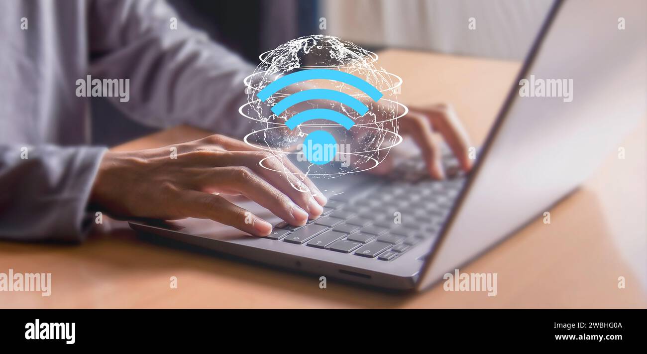 Icona wi-fi portatile uomo, concetto di social network, comunicazione aziendale. Foto Stock