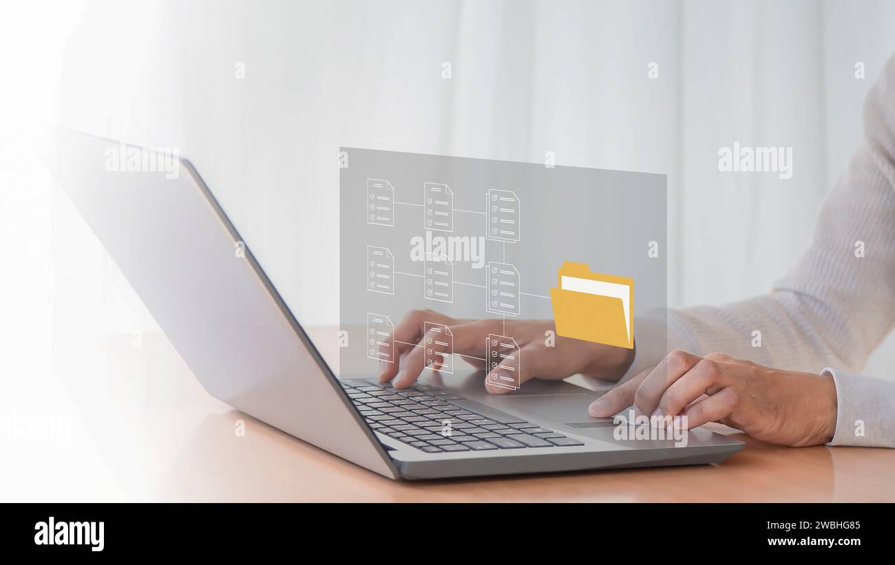 Gestione dei documenti organizzazione delle informazioni di organizzazione visualizzazione dei documenti gestione dei record efficiente software di informazioni sui file di documenti online Foto Stock