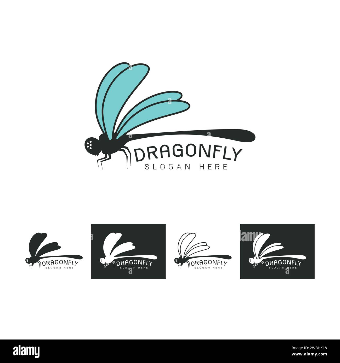Set di bellissime icone del logo, immagine stilizzata del modello del logo Dragonfly, tatuaggio Dragonfly, disegno della linea Dragonfly su Vector bianco Illustrazione Vettoriale