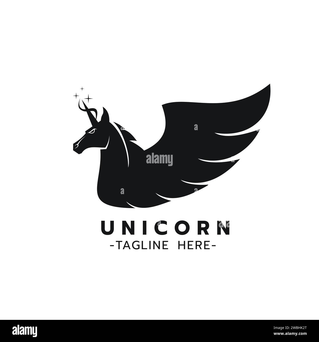 Splendida icona del logo Unicorn, immagine stilizzata del modello del logo Unicorn, tatuaggio della testa dell'Unicorno, silhouette dell'Unicorno su sfondo bianco illustrazione vettoriale Illustrazione Vettoriale