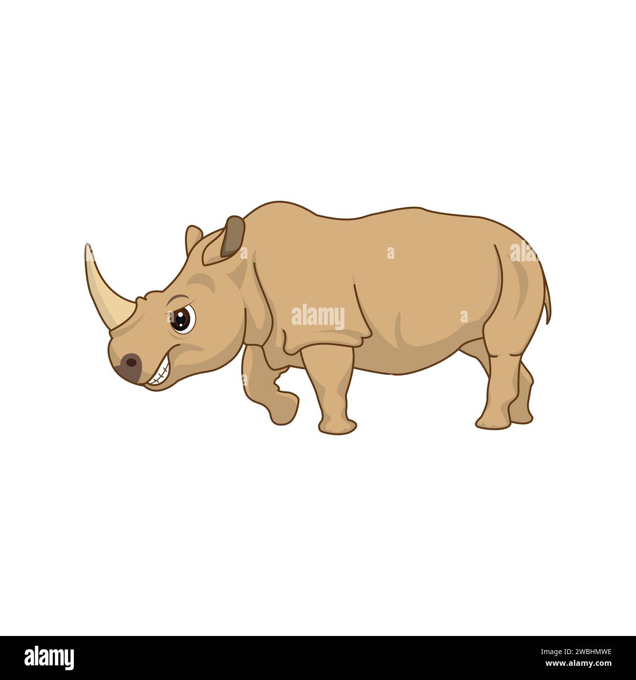 Simpatico rinoceronte in stile cartone animato isolato. Illustrazione vettoriale su sfondo bianco della mascotte Rhino Illustrazione Vettoriale