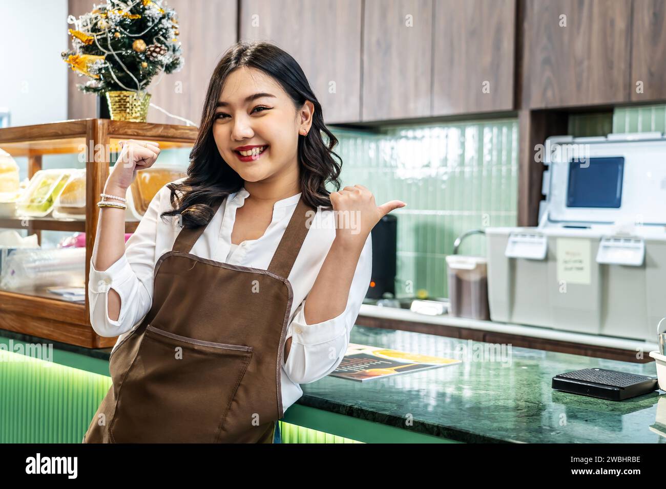 Accogliendo gli ospiti, Ritratto di giovane e allegro barista professionista asiatica o donna d'affari che possiede un panificio in grembiule marrone, accogliendo i clienti vicino alla cassiera Foto Stock