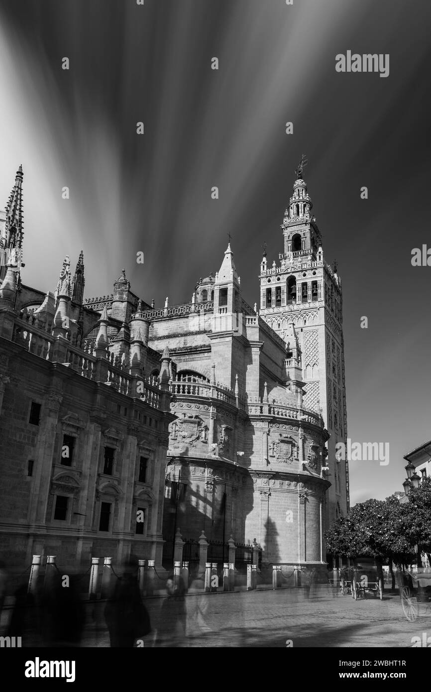 Immagine in bianco e nero con lunga esposizione dell'iconica torre la Giralda della basilica nel centro di Siviglia. Foto Stock