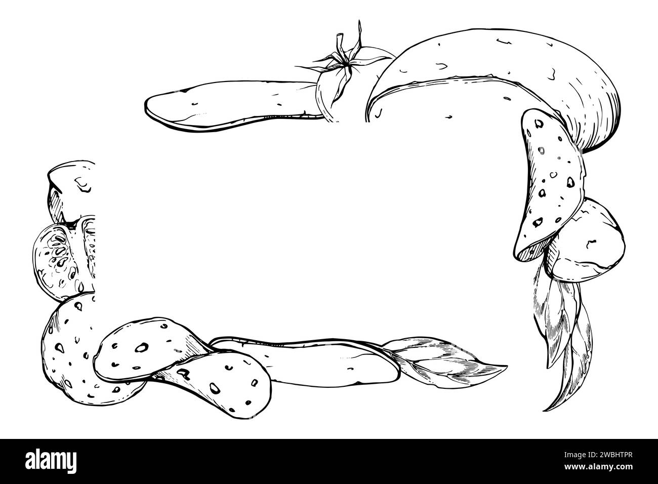 Illustrazione a inchiostro vettoriale disegnata a mano. Ingredienti per la pizza: Mozzarella, peperoni, pomodoro, basilico, erbe aromatiche. Telaio angolare isolato su bianco. Ristorante di design Illustrazione Vettoriale