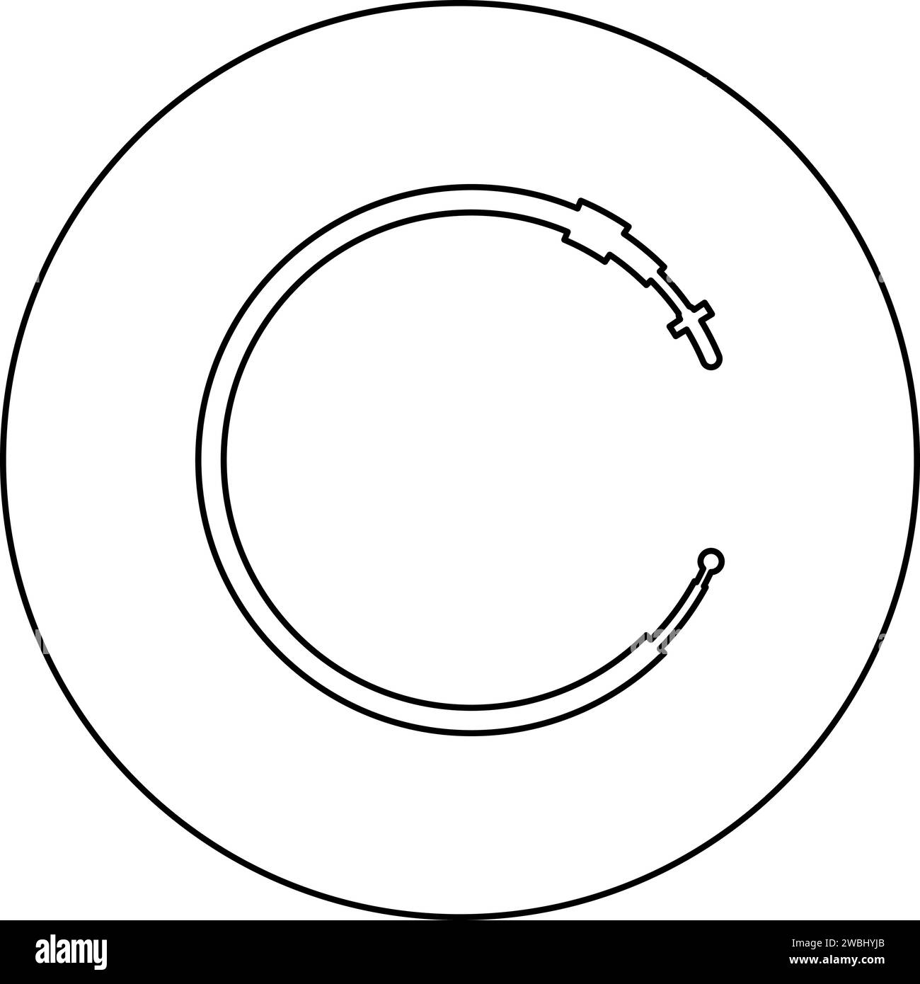 Cavo per auto con frizione a gas, tirare l'icona della fune del cambio manuale in cerchio rotondo di colore nero illustrazione vettoriale immagine contorno linea sottile Illustrazione Vettoriale