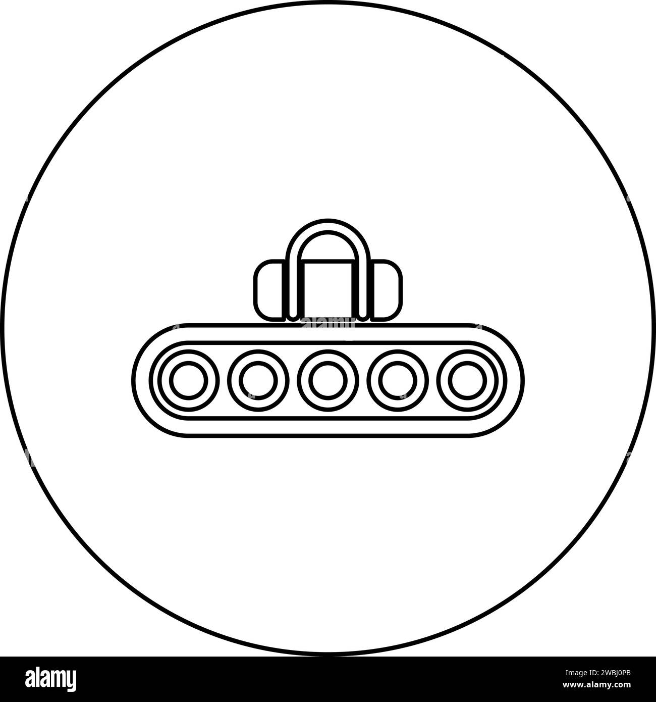 Nastro trasportatore nastro aeroportuale bagaglio passeggeri bagagli linea di produzione di sacchetti sportivi icona di produzione automatica in cerchio rotondo colore nero vettore Illustrazione Vettoriale