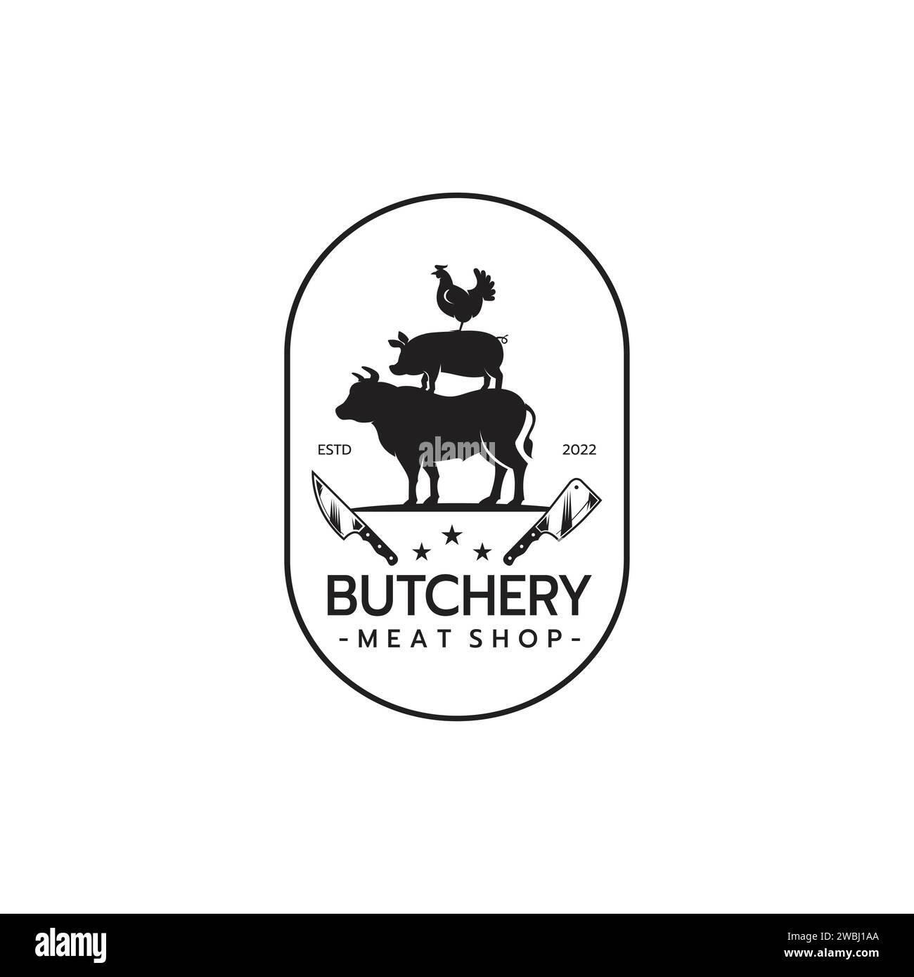 Coltello da carne con simbolo di pollo di maiale mucca . Logo della macelleria Vector Butchery Deli Beef Meat Shop Market T, design vintage Hipster retro Logo Illustrazione Vettoriale