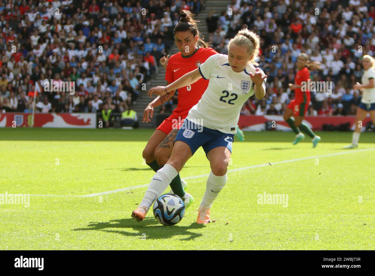 England Lionesses squadra di calcio femminile contro Portogallo, allo Stadio MK, Milton Keynes, 1 luglio 2023 Foto Stock