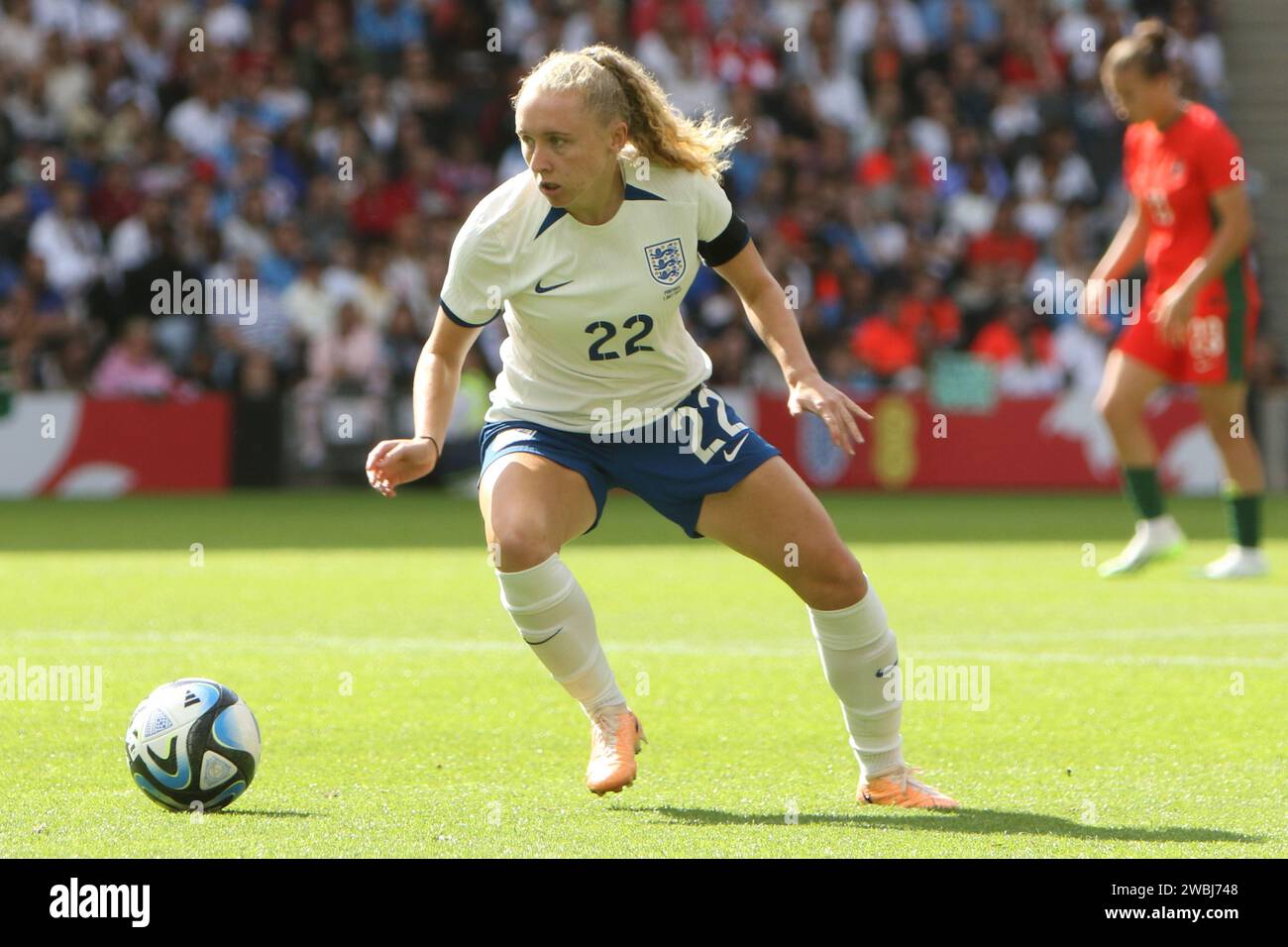 Katie Robinson durante l'Inghilterra Lionesses squadra di calcio femminile contro Portogallo, allo Stadio MK, Milton Keynes, 1 luglio 2023 Foto Stock