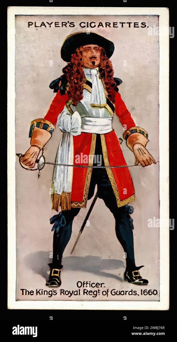 Ufficiale, King's Royal Regiment of Guards, 1660 - illustrazione di carte di sigaretta d'epoca Foto Stock