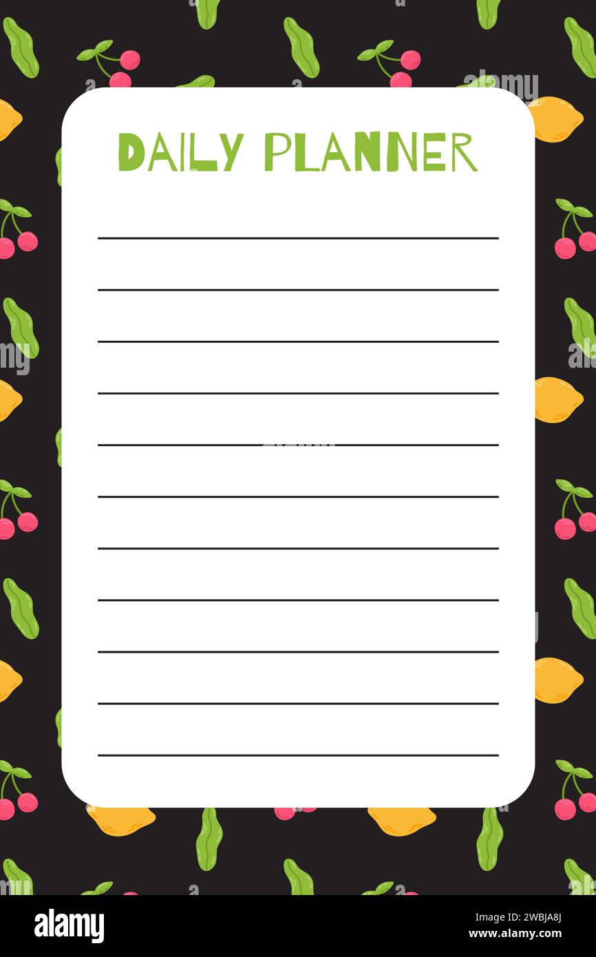 Modello da urlo giornaliero estivo con carine ciliegie dolci e limone. Elementi dei cartoni animati piatti disegnati a mano. Illustrazione vettoriale Illustrazione Vettoriale