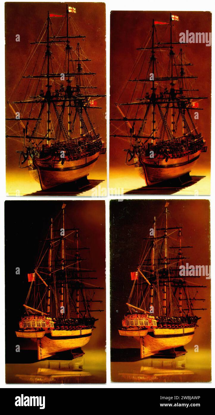 Tre castelli e navi davanti - illustrazione delle carte di sigarette d'epoca Foto Stock