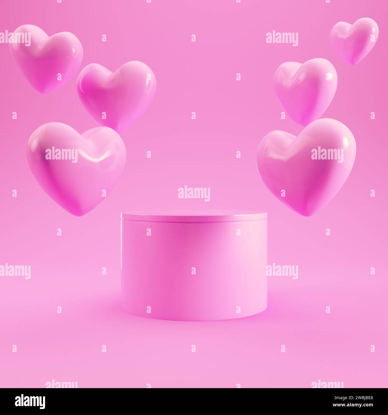 Podio rosa per l'esposizione del prodotto con cuori volanti su sfondo luminoso in colori pastello. Concetto di minimalismo. rendering 3d. Foto Stock