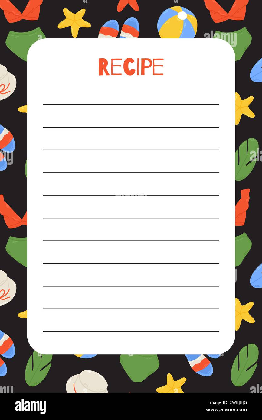 Modello di ricetta per la spiaggia estiva con bikini, cappello, ciabatte e stelle marine. Elementi dei cartoni animati piatti disegnati a mano. Illustrazione vettoriale Illustrazione Vettoriale