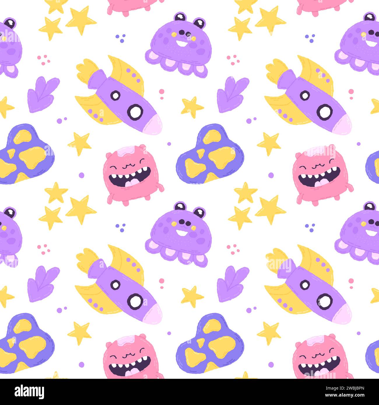 Baby cute motivo senza cuciture con elementi spaziali su sfondo bianco. Stile cartone animato piatto disegnato a mano. Illustrazione vettoriale Illustrazione Vettoriale